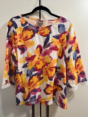 Chico’s Floral Cotton Blouse 3/4 lace sleeves Large